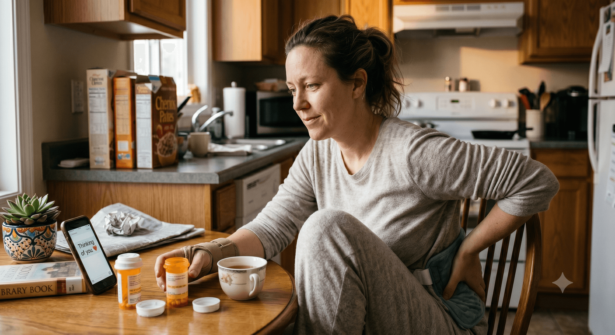 A woman wears a wrist brace and tends to her back pain while reaching for medication at her kitchen table, a supportive message visible on her phone.